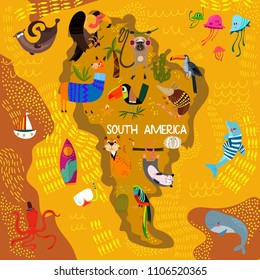 Cartoon world map with traditional animals. Illustrated map of South America.Vector illustration for children preschool education and kids design - stock vector