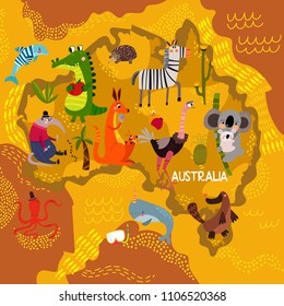 Cartoon world map with traditional animals. Illustrated map of Australia.Vector illustration for children preschool education and kids design - stock vector