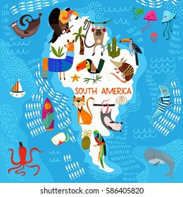 Cartoon world map with traditional animals. Illustrated map of South America.Vector illustration for children preschool education and kids design - stock vector - stock vector

