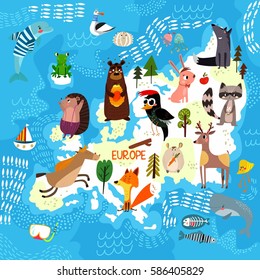 Mapa mundial de caricaturas con animales tradicionales. Mapa ilustrado de Europa.Ilustración vectorial para la educación preescolar y el diseño infantil - vectores de stock - vectores de stock