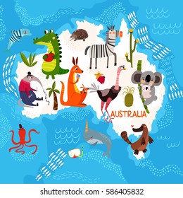 Cartoon world map with traditional animals. Illustrated map of Australia.Vector illustration for children preschool education and kids design - stock vector - stock vector

