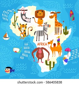 Cartoon world map with traditional animals. Illustrated map of Africa.Vector illustration for children preschool education and kids design - stock vector - stock vector

