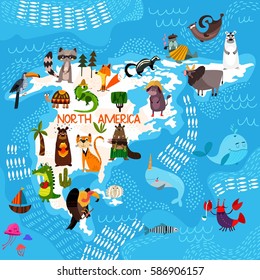 Cartoon world map with traditional animals. Illustrated map of North America.Vector illustration for children preschool education and kids design - stock vector - stock vector

