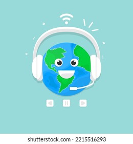 Cartoon World smile with headset, Vector illustration.