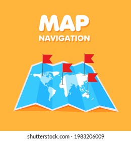 Cartoon world travel map colored flags on it. Location and pinpoints on a global map. Vector illustration.