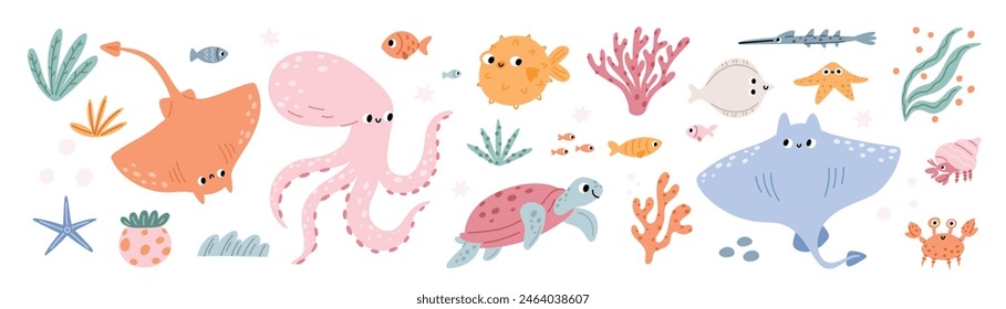 Сute cartoon world of underwater animals and fish. Ocean or sea fish, stingray, octopus, turtle, crab, shells, stars, aquatic plants. Vector children's illustration of the underwater world animals