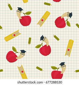 Cartoon worm in alumni hat and glasses peeking from a read apple; yellow book; green pencil seamless wallpaper. Vector pattern. Educational concept