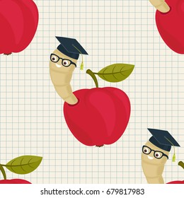 Cartoon worm in alumni hat and glasses peeking from a read apple seamless wallpaper. Vector pattern. Educational concept