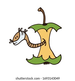 Cartoon worm in apple core in face mask in self-quarantine, hand drawn color vector illustration isolated on white background