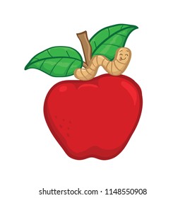 cartoon worm and apple fruit vector, cute and funny