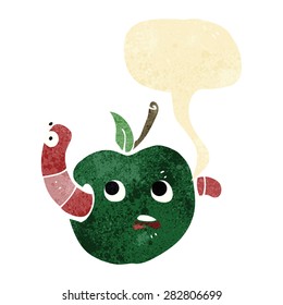 cartoon worm in apple with speech bubble