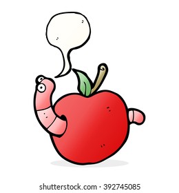 cartoon worm in apple with speech bubble