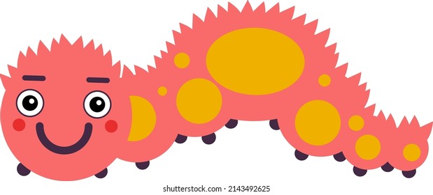 Cartoon Worm Character. Red Caterpillar With Smiling Face