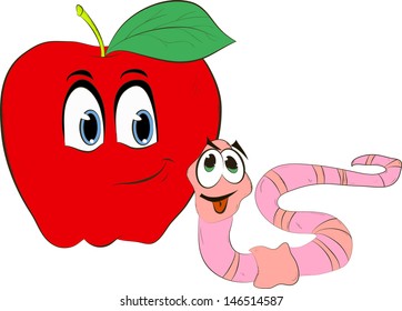 Cartoon worm coming out of an apple