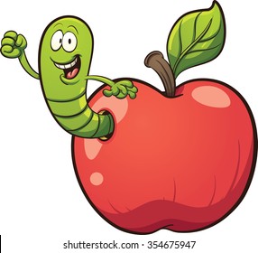 Cartoon worm coming out of an apple. Vector clip art illustration with simple gradients. Some elements on separate layers. 