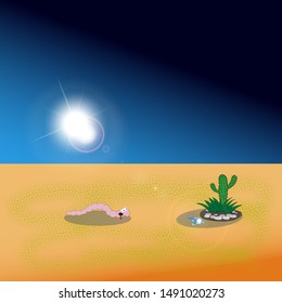 cartoon worm crawling under the scorching desert sun to a drop of water under a cactus
