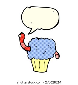 cartoon worm in cupcake with speech bubble