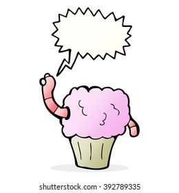 Karikaturenwurm in Cupcake mit Sprachblase