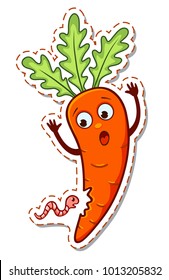 Cartoon worm eats the scared carrots. Vector illustration isolated on white.