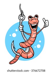 Cartoon worm giving thumb up on hook. Vector illustration