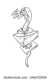 a cartoon worm gnawing through a stack of thick books, 
vector outline black and white drawing