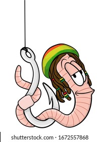 cartoon worm on a hook with dreadlocks and a rasta hat. isolated on a white background.Vector stock illustration