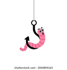 Cartoon worm on a hook. Emotion horror. vector illustration. character icon Earthworm. flat style. Crawling animal creature. isolated on a white background.