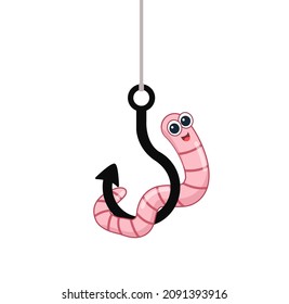 Cartoon worm on a hook. Emotion smile. isolated on a white background. vector illustration. character icon Earthworm. flat style. 