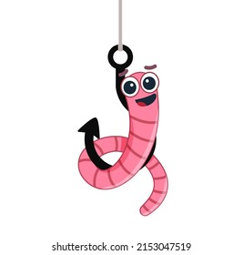 Cartoon worm on a hook. emotion. isolated on a white background. vector illustration. character icon Earthworm. flat style. Crawling animal creature.
