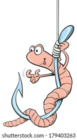 Cartoon worm on a hook, vector illustration