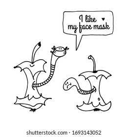 Cartoon worms in apple core in face masks in self-quarantine, hand drawn vector illustration isolated on white background