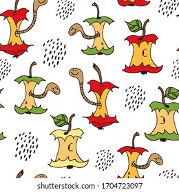Cartoon worms in apple core seamless pattern, hand drawn vector illustration isolated on white background
