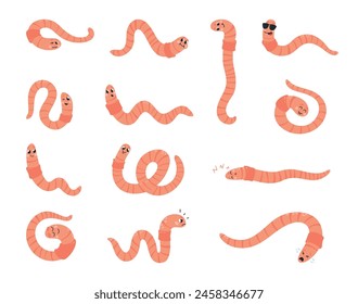 Cartoon worms characters. Earthworms mascots, worm creeping, sleeping and smiling. Funny insects with big eyes, crawlers classy vector set