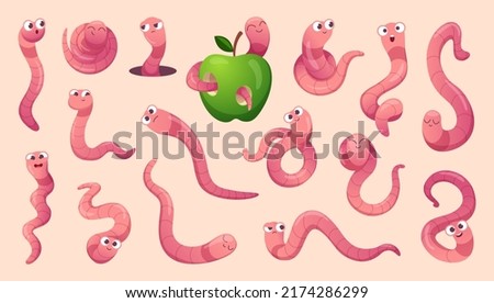 Cartoon worms. Creeping crawlers and bugs with smiling faces exact vector worms collection