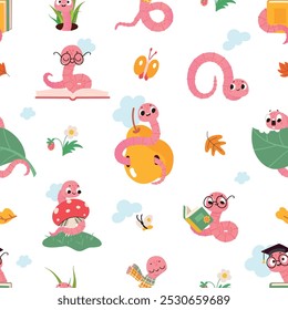 Cartoon worms seamless pattern. Funny earthworms reading sitting on fruit sleeping. Wild characters fabric print design, wrapping, nowaday vector background