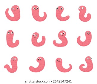 Vermes de desenhos animados de várias formas e tamanhos sobre um fundo branco.