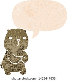 desenho animado urso preocupado com balão de fala no grunge angustiado estilo texturizado retro