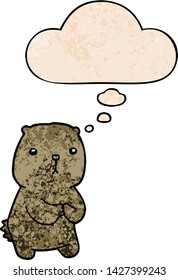 cartoon worried bear with thought bubble in grunge texture style