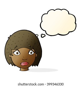 cartoon worried female face with thought bubble