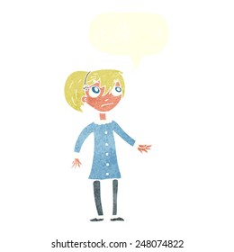 cartoon worried girl with speech bubble