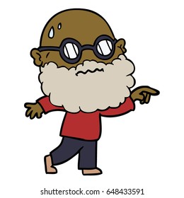 cartoon worried man with beard and spectacles pointing finger