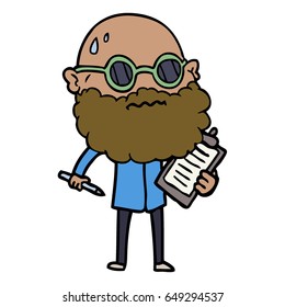cartoon worried man with beard and sunglasses taking survey