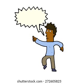 cartoon worried man pointing with speech bubble