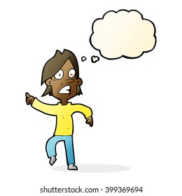 cartoon worried man pointing with thought bubble