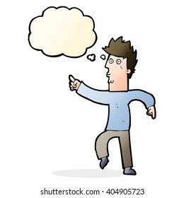 cartoon worried man pointing with thought bubble
