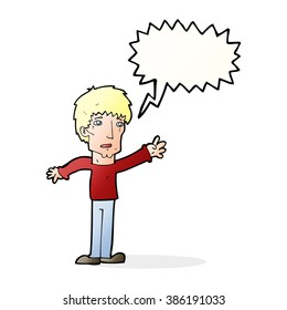 cartoon worried man reaching out with speech bubble
