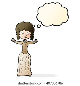 cartoon worried victorian woman with thought bubble