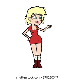 cartoon worried woman in dress pointing