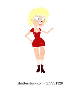 cartoon worried woman in dress pointing