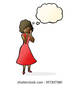 cartoon worried woman with thought bubble